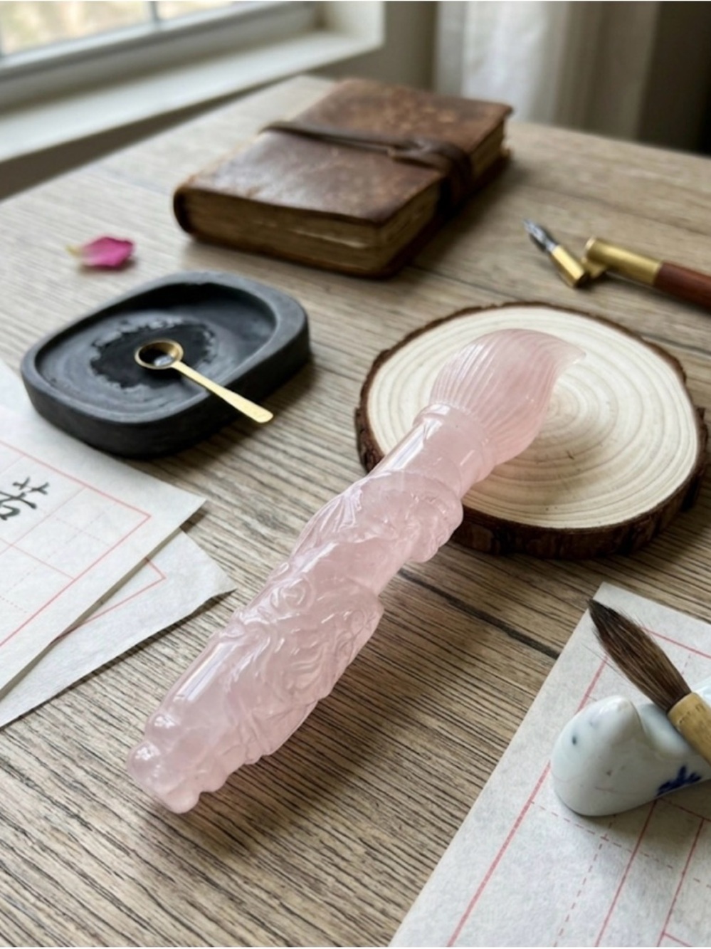 Natural Rose Quartz Calligraphy Brush with Dragon Carving | Scholar’s Pen